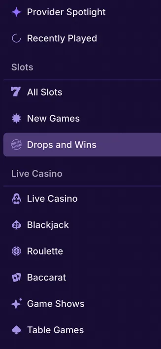 SpinBet sidebar menu with categories: Provider Spotlight, Slots, Live Casino, Blackjack, Roulette, Baccarat, Game Shows, Table Games